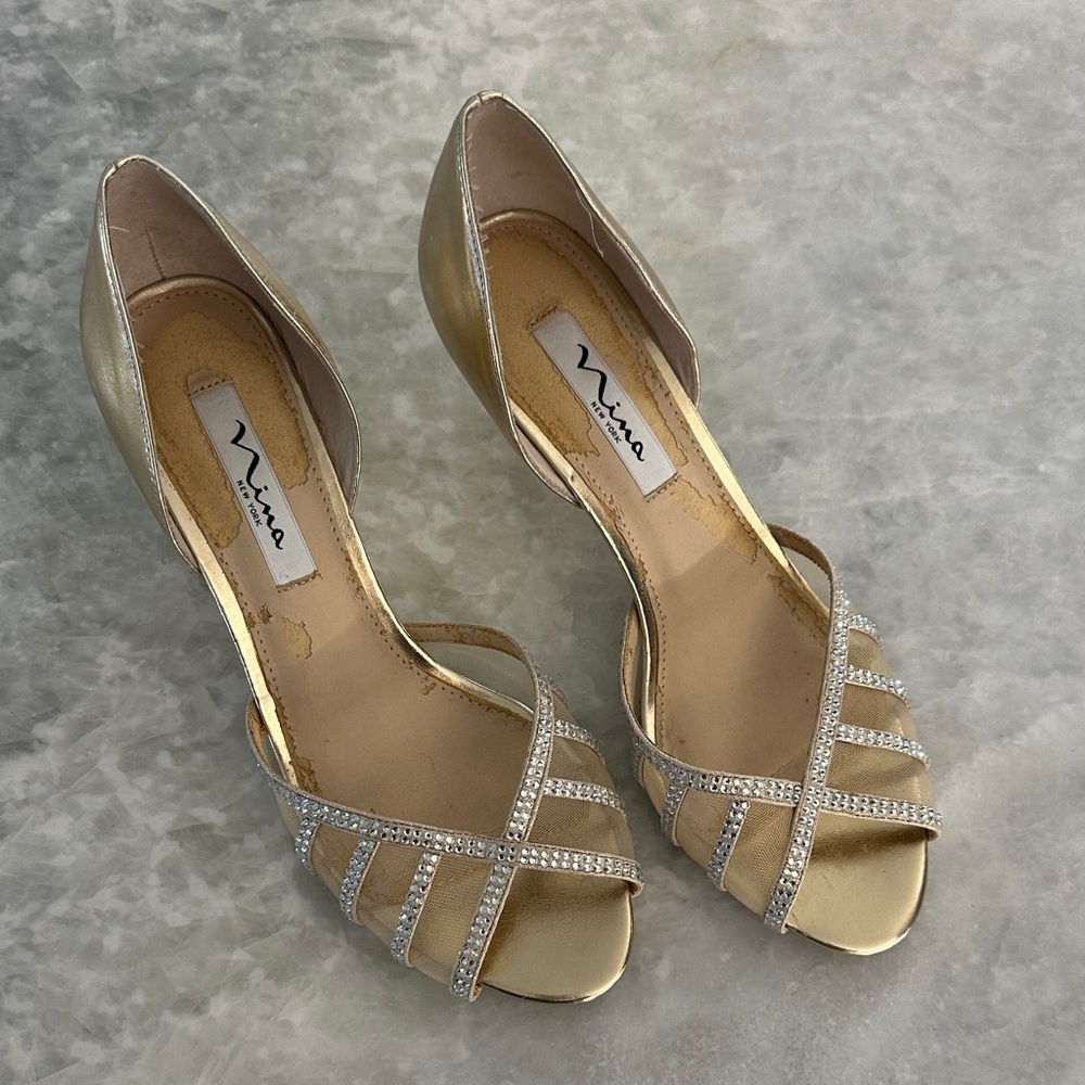 Nina Gold D'Orsay Heels with Rhinestone Strappy Open Toe